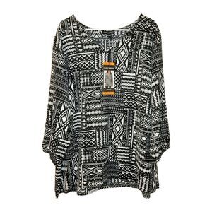 NEW Mario Serrani Women V-Neck Blouse Printed Top Black White Size XXL